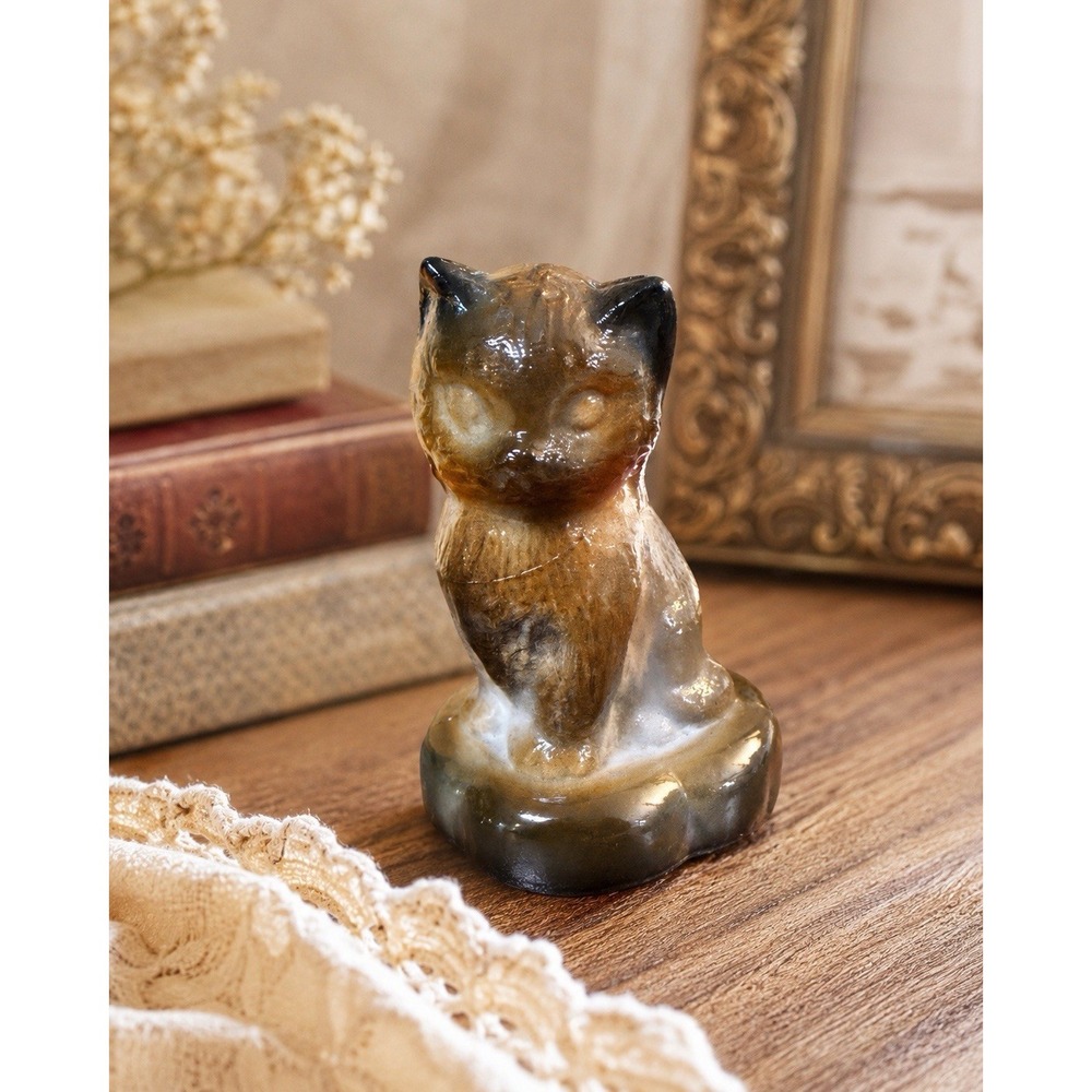 Boyd Glass Kitten In A Pillow Slag Glass Figurine Pecan Peanut Butter Cat 3"